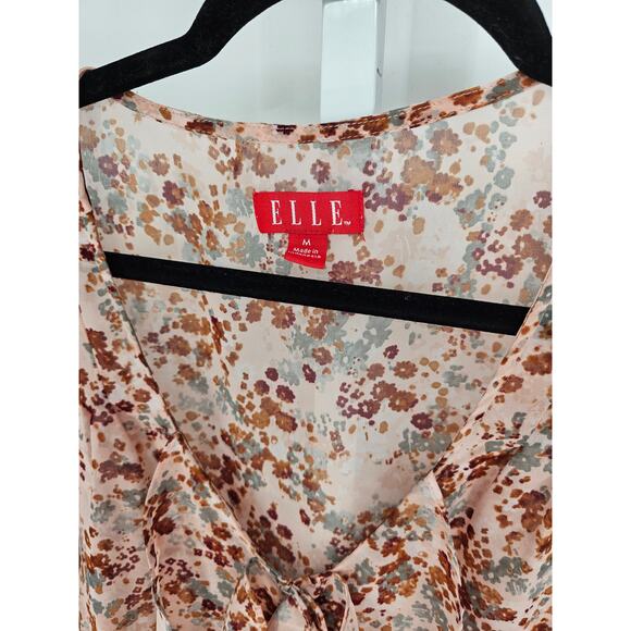 Elle Women's Multicolor Long Sleeve V-neck Ruffle Rounded Hem Top Size M - Picture 3 of 4